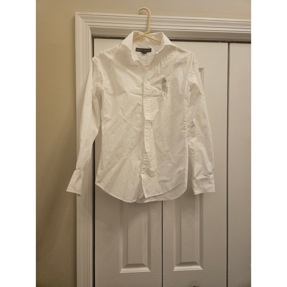 Ralph Lauren Womens White Cotton Long Sleeve Button Down Shirt Size 2 Pony Logo